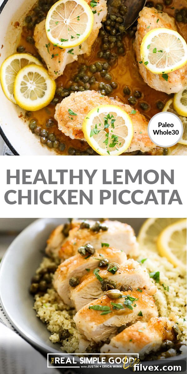Vertical overhead close-up image of healthy Lemon Chicken Piccata served in a bowl over cauliflower rice with text overlay at top. This enticing image showcases the perfect plating and fresh ingredients of the dish, highlighting its appeal for meal prepping or a quick, healthy dinner.