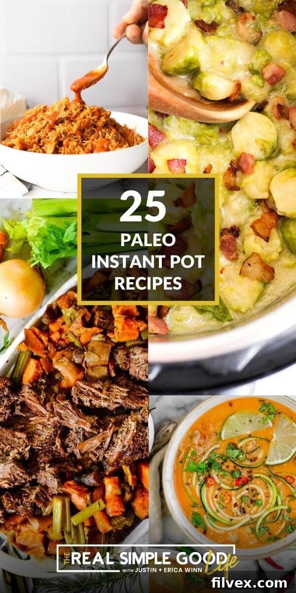 Collage image of 4 different Instant Pot Paleo recipes, showcasing various dishes like chicken, beef, and vegetables.