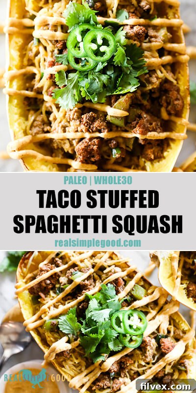 Taco stuffed spaghetti squash split image with text in middle. Vertical close up of squash with sauce on top and squash at angle on bottom, promoting the recipe.
