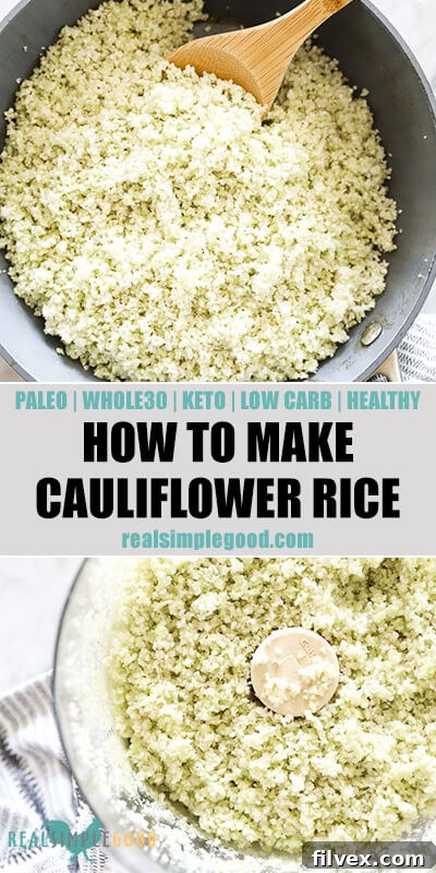 Two close-up vertical images of cauliflower rice, with text overlay in the middle. The top image shows cauliflower rice cooking in a skillet, and the bottom image displays cauliflower florets being processed in a food processor.