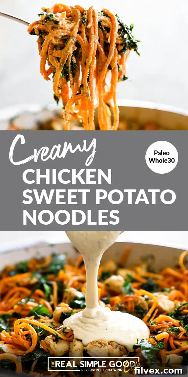 Split image featuring creamy sweet potato noodles on a fork on the top and rich sauce being poured into a pan with noodles on the bottom, a visual guide to this delightful dish.