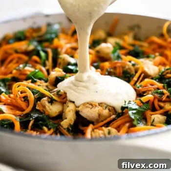 Sweet Potato Noodles with Creamy Chicken, a healthy and satisfying Paleo & Whole30 recipe