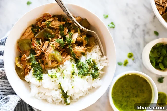 Easy harissa chicken recipe served in a bowl with white rice and a creamy herb sauce drizzled on top. Extra sauce and cilantro on the side. 