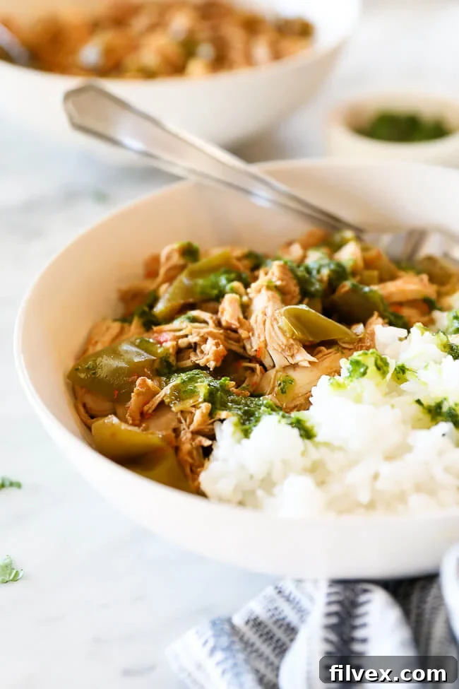 Angled image of easy harissa chicken in a bowl with rice and fork dug in. Green sauce drizzled on top. 