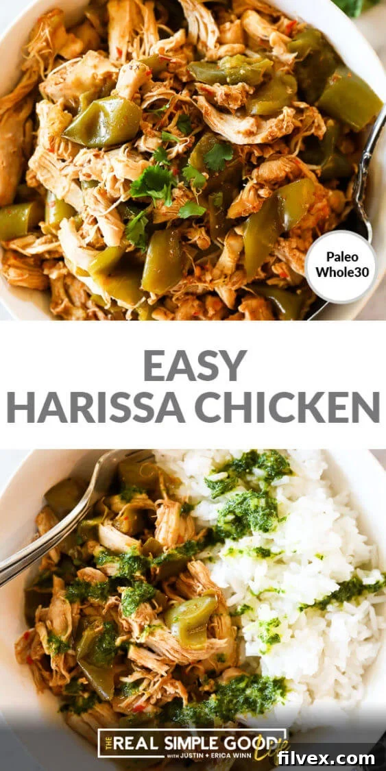 Two vertical images with text overlay in the middle. Top image is close up of easy harissa chicken recipe. Bottom image is the chicken served in a bowl with green sauce on top. 
