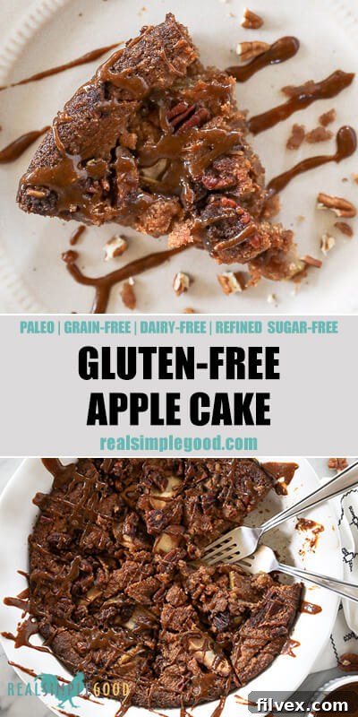Two vertical images of gluten-free apple cake with text overlay in the middle. Top image is a piece of apple cake served on a plate and bottom is the cake in a pie dish. 