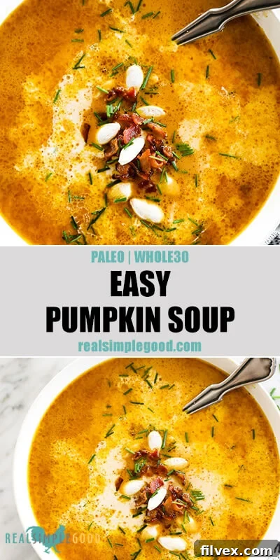 Two overhead close up images of pumpkin soup in a bowl with a spoon. Topped with bacon bits, pumpkin seeds and chopped chives. Text overlay in the middle. 