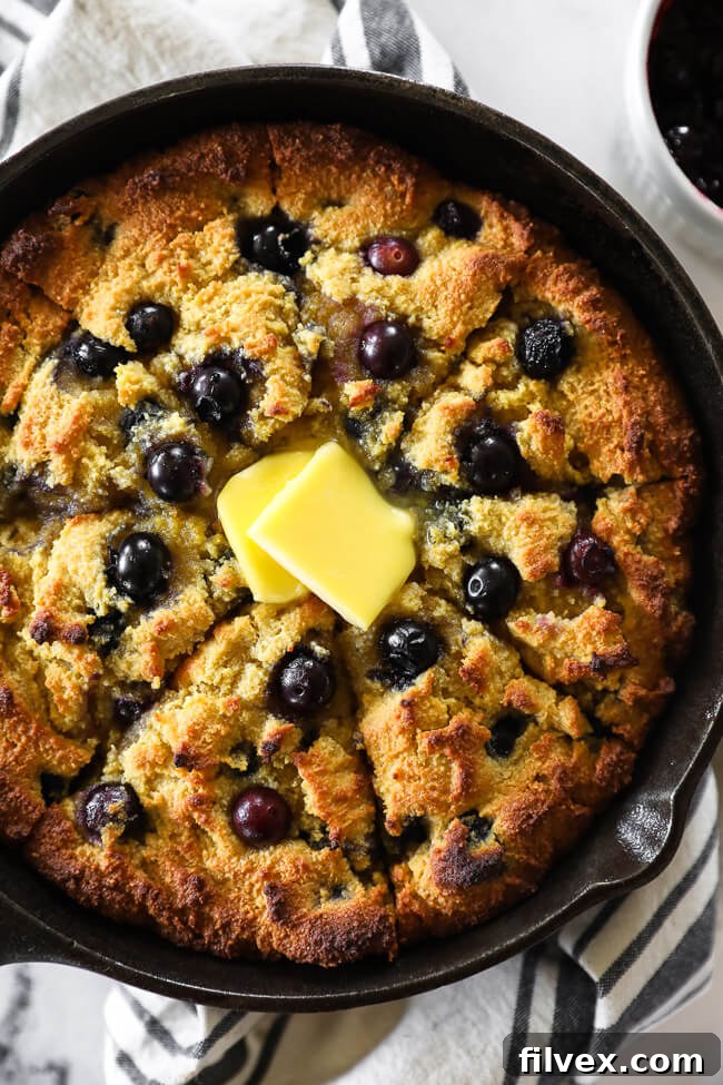 Vertical overhead close up image of blueberry cornbread in skillet with melting butter on top. 