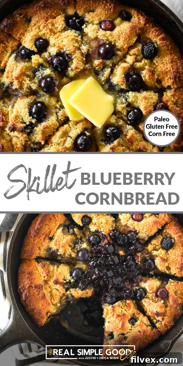 Vertical split image with text overlay in the middle. Top image is close up of blueberry cornbread with melting butter on top. Bottom image is of paleo cornbread in skillet with blueberry sauce on top. 