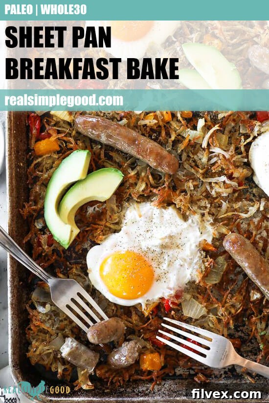 Close up of sheet pan breakfast bake on a pan with text overlay at the top. 