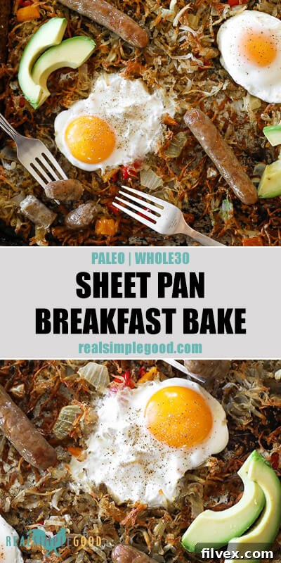 Two vertical close up images of sheet pan breakfast bake on a pan with text overlay in the middle. 