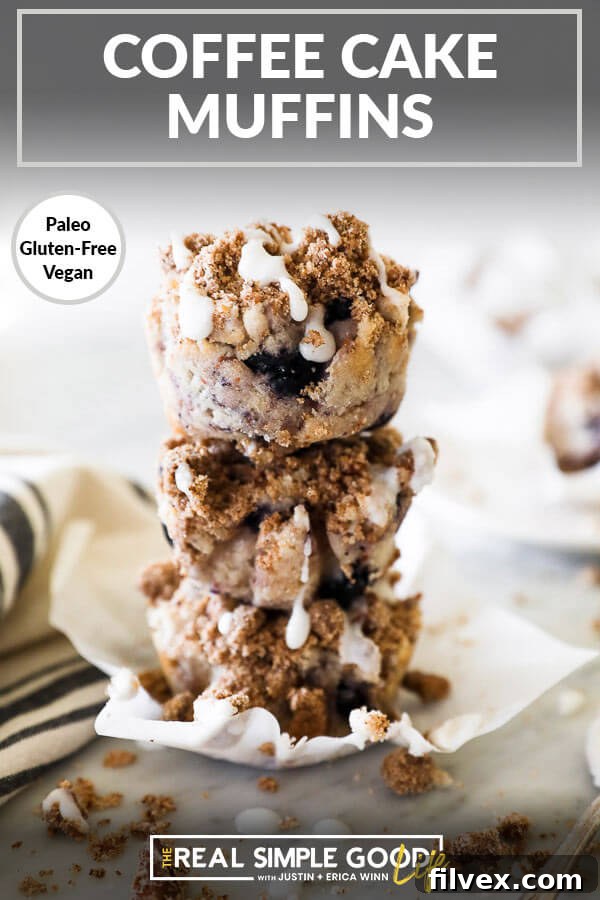A close-up stack of golden-brown coffee cake muffins, featuring a top overlay for sharing. 