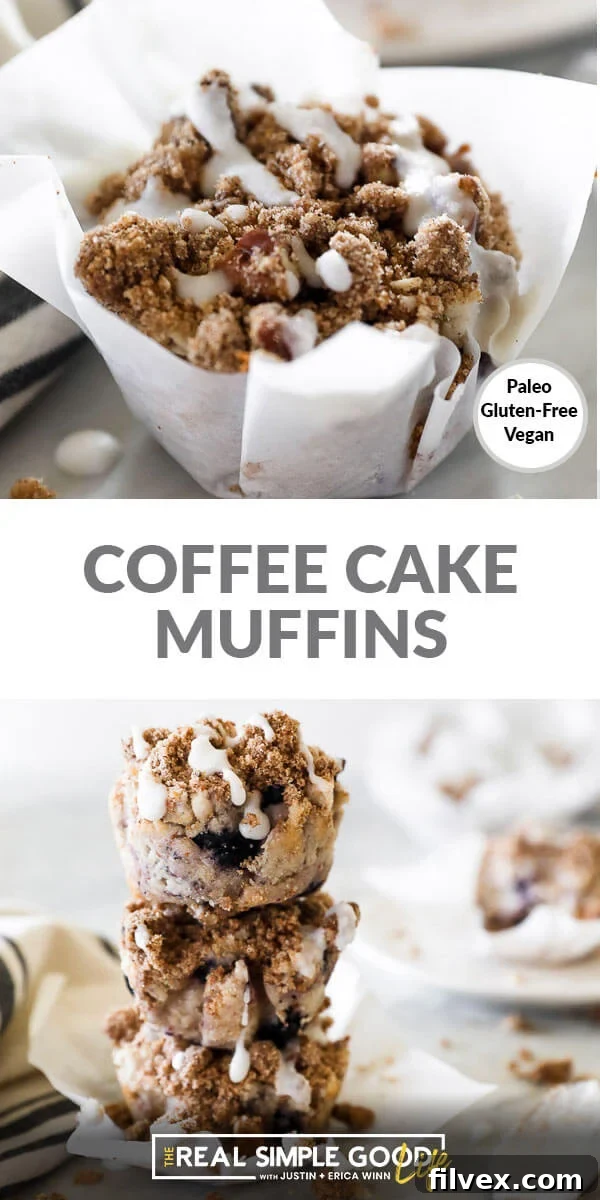 Two enticing images of coffee cake muffins, with an elegant text overlay in the center. The top image is an angled close-up of a single muffin, while the bottom showcases a delightful stack of three. 