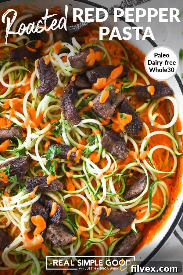 Close up vertical image of roasted red pepper zoodle pasta with steak bits in a pan. Text at top saying 'Roasted Red Pepper Pasta'.