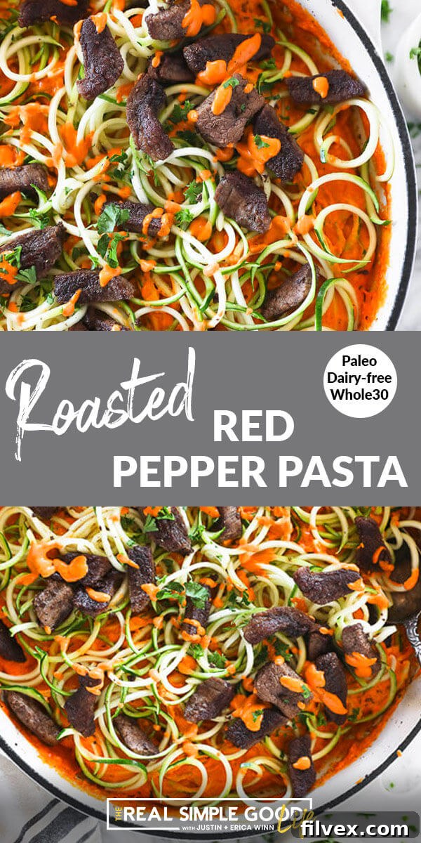 Split image with 'Roasted Red Pepper Pasta' text in the middle. Top shows zoodles, sauce, and steak in a pan, bottom shows zoodles with sauce and steak in a bowl.
