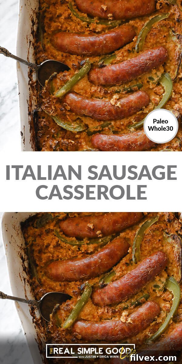 A split image with text in the middle reading "Italian Sausage Casserole". The top and bottom images both feature the casserole, highlighting the delicious sausages, peppers, and creamy cauliflower base.