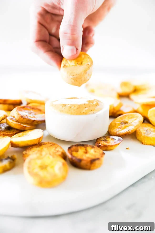 Vertical straight-on image capturing the moment a pan fried plantain slice is dipped into a creamy, savory sauce.