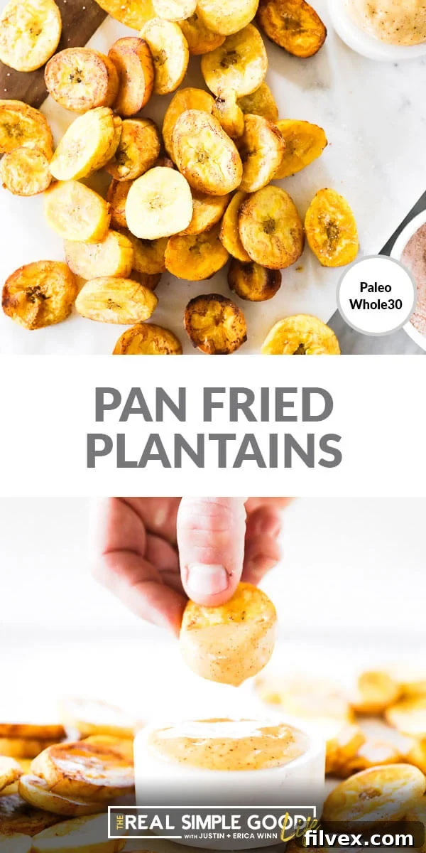 Vertical split image featuring 'Pan Fried Plantains' text in the center. The top image is a close-up overhead shot of plantains scattered on a marble surface. The bottom image shows a plantain being dipped into aioli sauce.