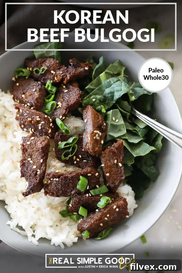A beautifully plated bowl of Korean beef bulgogi with kale and rice, featuring recipe title text