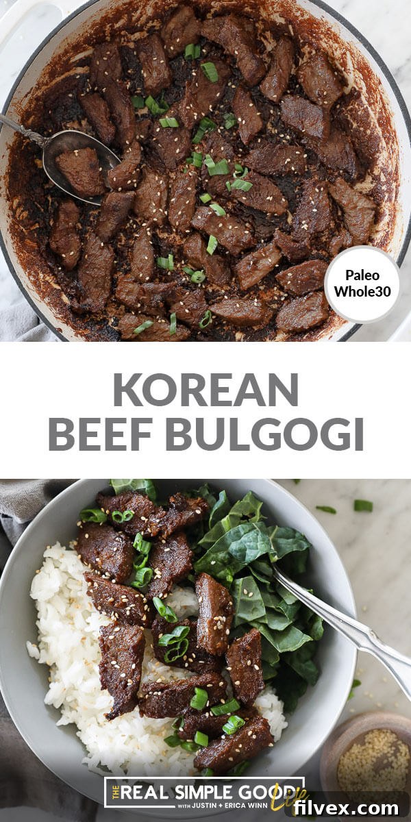 Split image showing beef bulgogi cooking in a pan at the top and a finished bowl with kale and rice at the bottom