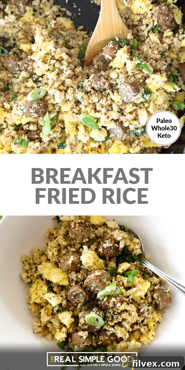 Two vertical images stacked with text overlay in the middle. Top image is close up of fried rice in skillet with wooden spoon. Bottom image is served in a bowl with a fork, emphasizing meal prep convenience.