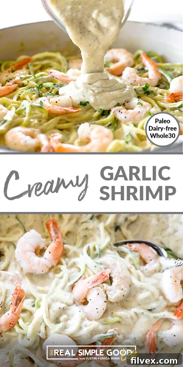 Split image with text overlay in the middle. Top image is close up of creamy garlic shrimp in skillet with sauce being poured over. Bottom image is shrimp in a pan with zoodles. 