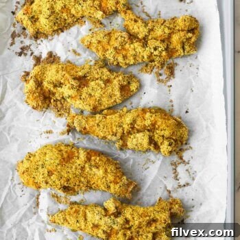 Baked gluten free chicken tenders on a sheet pan, golden and inviting.