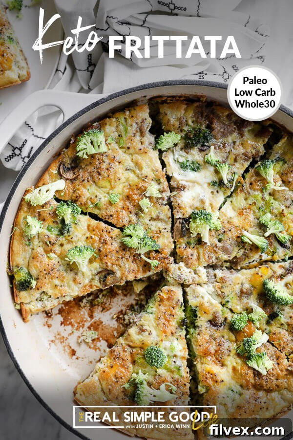 Vertical overhead image of breakfast frittata in skillet with a piece removed. Text overlay at top of image that says 