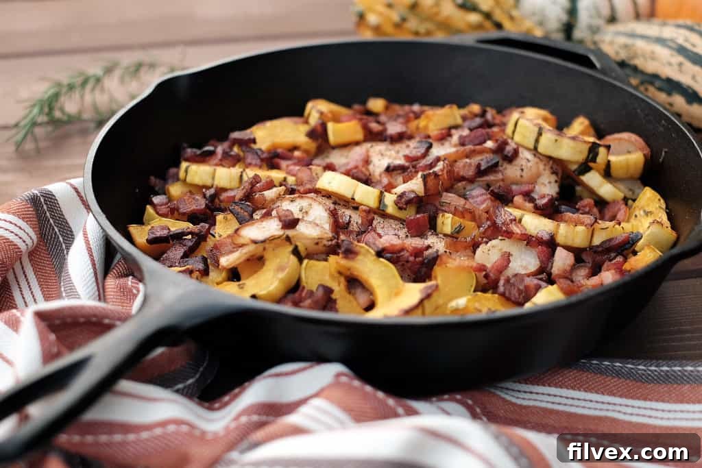 Another perspective of the finished Pear and Squash Chicken Skillet
