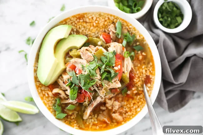 Bowl of chicken fajita soup with a spoon in it. Topped with chopped green onion, cilantro and sliced avocado. 