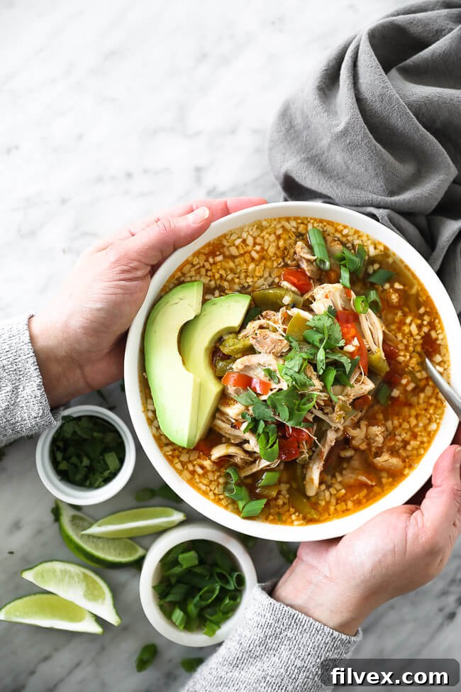 Holding a bowl of chicken fajita soup topped with chopped green onion, cilantro and sliced avocado. 