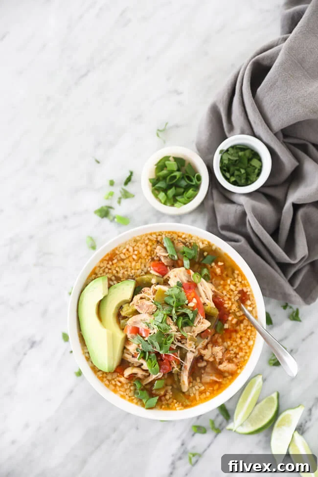 Zoomed out image of chicken fajita soup in a bowl with a spoon in it. Topped with chopped green onion, cilantro and sliced avocado. Lime wedges and extra green onion and cilantro on the side. 