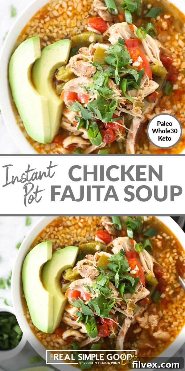 Split vertical image with text overlay in the middle. Top image is close up of soup in a bowl. Bottom image is a little more pulled image of chicken fajita soup in a bowl with a spoon. 