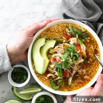 A bowl of Chicken Fajita Soup topped with fresh cilantro, green onions, and avocado.
