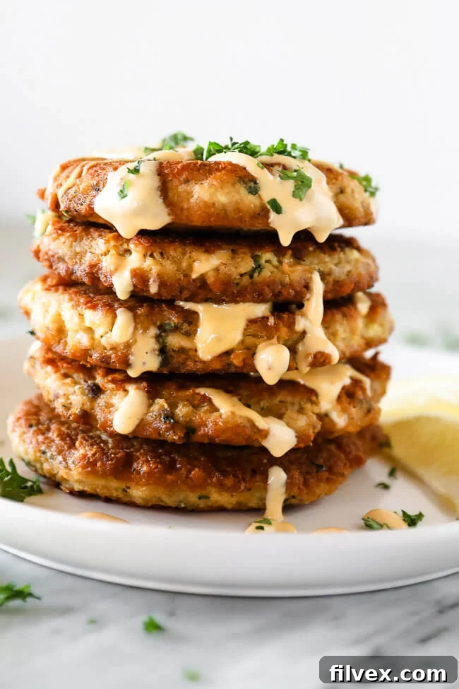 Close up vertical straight on shot of stack of salmon patties with sauce cascading down the sides. Chopped parsley sprinkled on top. 