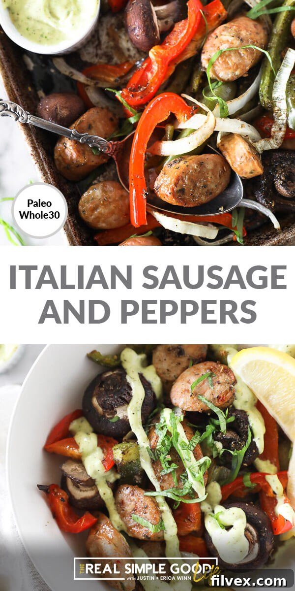 Vertical split image with text overlay in the middle. The top image shows a close-up of Italian sausage and peppers on a sheet pan with a serving spoon. The bottom image displays the meal served in a bowl, generously drizzled with herb aioli.
