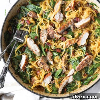 Delicious Spaghetti Squash Carbonara (Paleo, Whole30 + Low Carb) with crispy bacon.