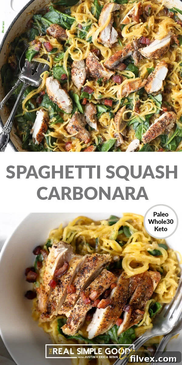 Split image featuring creamy spaghetti squash carbonara: top shows it sizzling in a cast iron skillet, bottom displays it elegantly served in a bowl with chicken and bacon, ready to eat. 