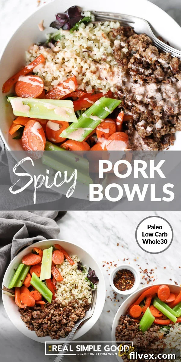 Vertical split image with text overlay in the middle that says "Spicy Pork Bowls - Paleo, Whole30, Low Carb". Top image of bowl of cauliflower rice, spicy pork and veggies. Bottom image of two bowls served up, perfect for sharing.
