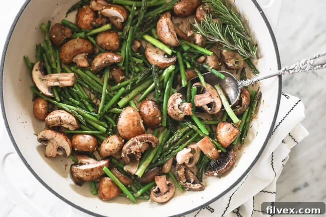 Garlicky Sautéed Mushrooms and Asparagus ready to be served