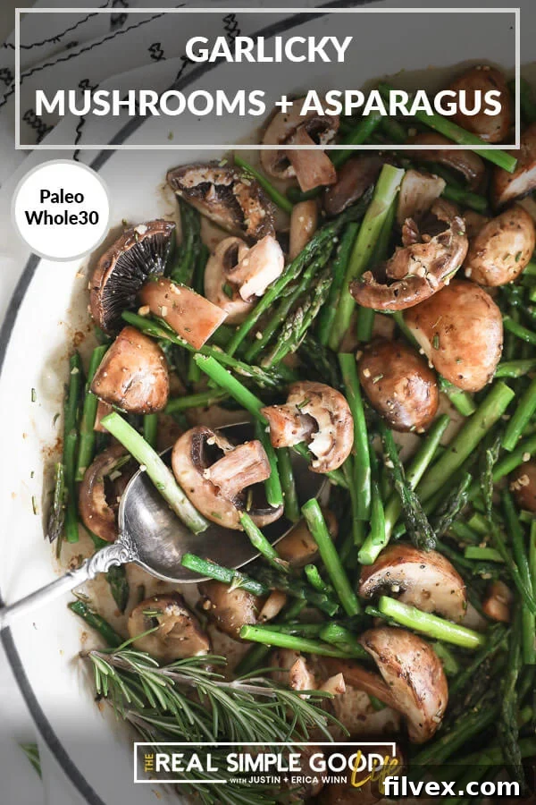 Garlicky Sautéed Mushrooms and Asparagus in a pan, ready to be served