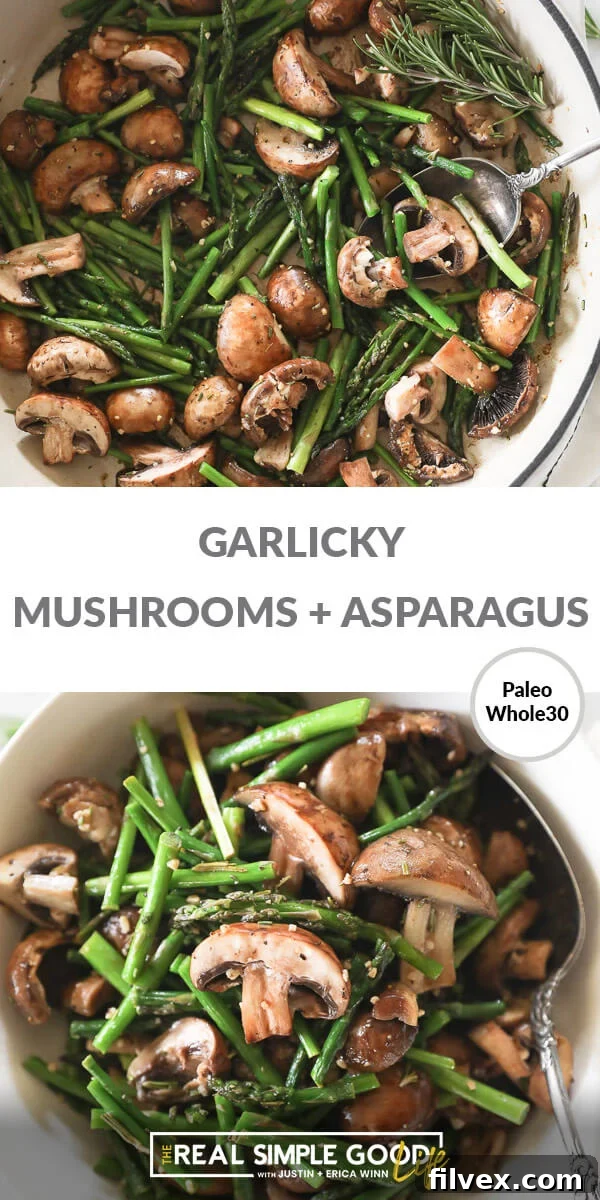 A vibrant platter of Garlicky Sautéed Mushrooms and Asparagus