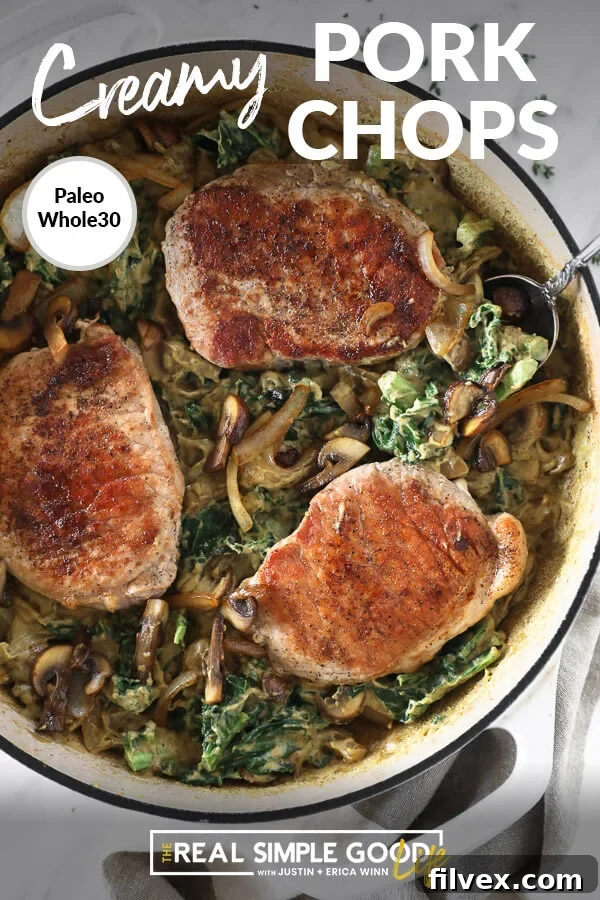 Vertical image with text overlay at top. Pork chops in a creamy sauce in a skillet with a serving spoon.