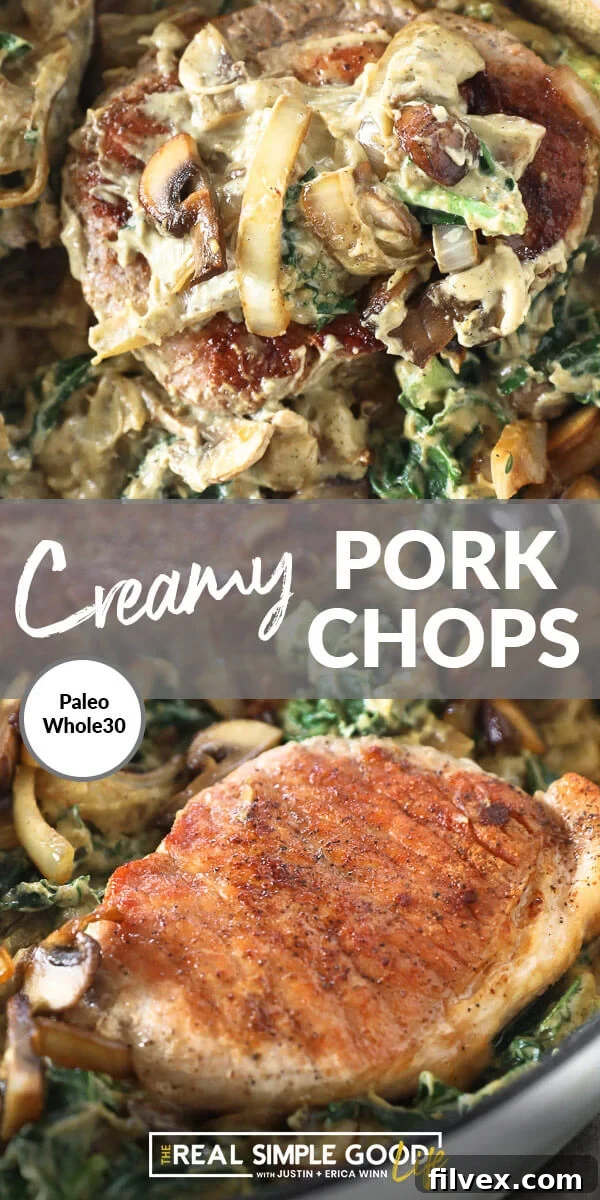 Vertical split image with text overlay in the middles. Top image close up of pork chops in skillet with creamy sauce on top. Bottom image angled shot of close up of one pork chop in skillet.