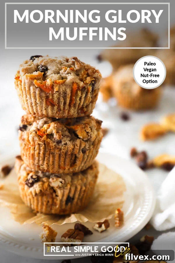 Vertical image of stack of three breakfast muffins with text overlay at the top that says "Morning Glory Muffins". Perfect for a healthy breakfast.