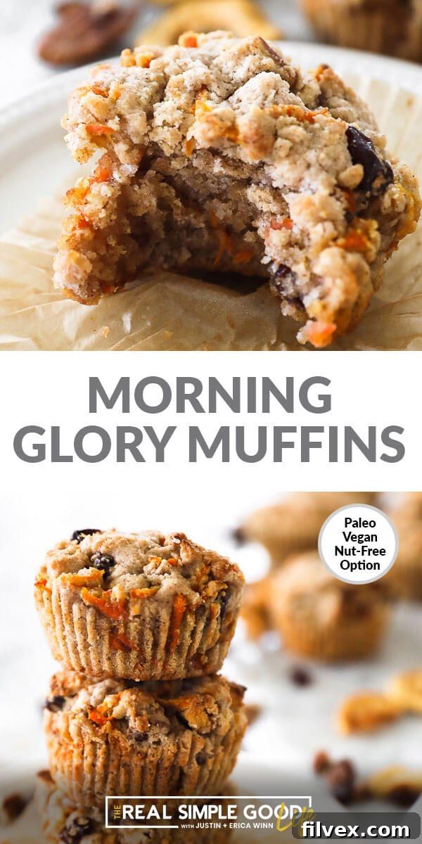 Vertical split image with text overlay in the middle that says "Morning Glory Muffins". Top image is close up of one muffin with a bite take out. Bottom image of of a stack of muffins. Healthy and delicious.