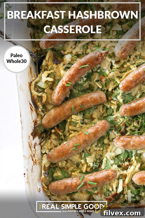 Vertical overhead image with text overlay at the top. Close up of breakfast hashbrown casserole in dish. 