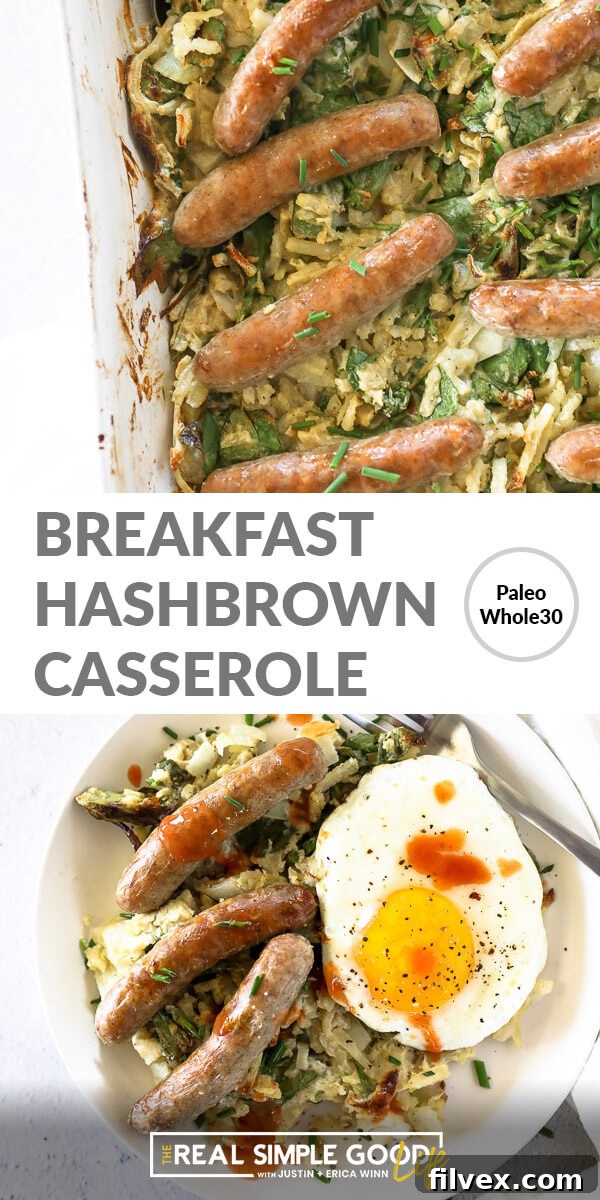 Vertical split image with text overlay in the middle. Top image is close up of breakfast casserole in serving dish. Bottom image is served on a plate with a fried egg on top. 