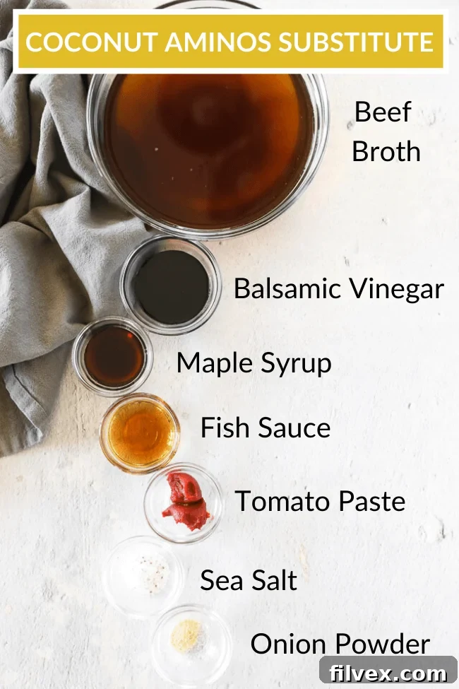 Ingredients for coconut aminos recipe on a board with text overhead shot