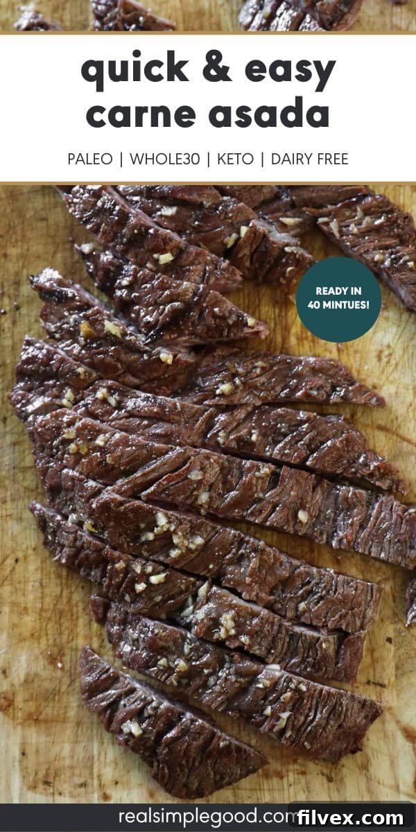 Close-up of perfectly sliced carne asada on a cutting board with a textual overlay emphasizing tenderness and flavor.